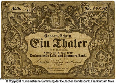Kurhessische Leich und Commerzbank, Kassel  1 Thaler 1850