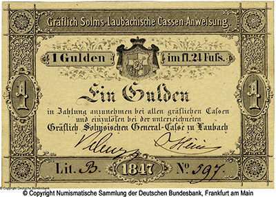 Gräflich Solmsische General-Casse 1 Gulden 1847