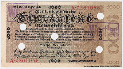 Deutschen Rentenbank. Rentenbankschein. 1000 Rentenmark. 1. November 1923. 