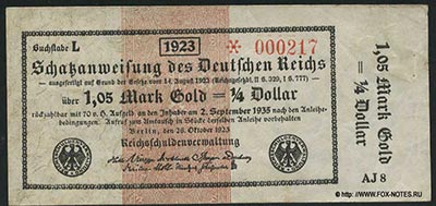 Reichsschuldenverwaltung. Schatzanweisungen des Deutschen Reiches. 1,05 Mark Gold = 1/4 Dollar. 26. Oktober 1923. 
