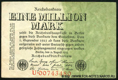 Reichsbank. Reichsbanknote. 1 Million Mark. 9. August 1923. 