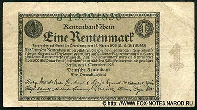 Deutschen Rentenbank. Rentenbankschein. 1 Rentenmark. 1. November 1923. 