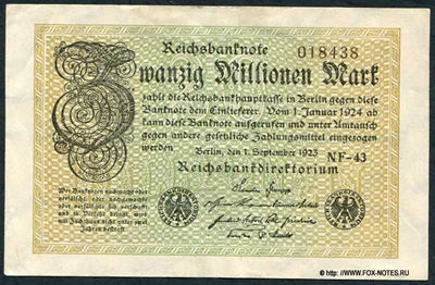 Reichsbank. Reichsbanknote. 20 Millionen Mark. 1. September 1923.