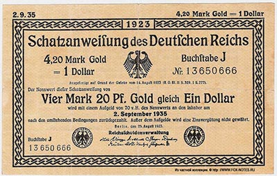 Reichsschuldenverwaltung. Schatzanweisungen des Deutschen Reiches.  4,20 Mark Gold = 1 Dollar. 25. August 1923. Reiche 3. 