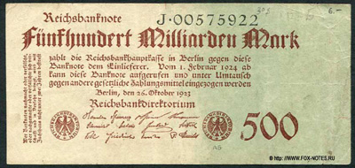 Reichsbank. Reichsbanknote. 500 Milliarden Mark. 26. Oktober 1923.