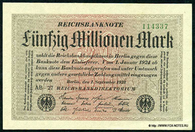 Reichsbank. Reichsbanknote. 50 Millionen Mark. 1. September 1923.