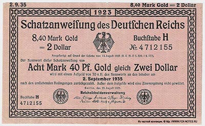 Reichsschuldenverwaltung. Schatzanweisungen des Deutschen Reiches. 8,40 Mark Gold = 2 Dollar. 25. August 1923. Reiche 3. 