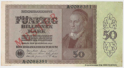 Reichsbank. Reichsbanknote. 50 Billionen Mark. 10. Februar 1924. MUSTER