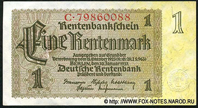 Deutschen Rentenbank. Rentenbankschein. 1 Rentenmark. 30. Januar 1937.  