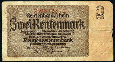 Deutschen Rentenbank. Rentenbankschein. 2 Rentenmark. 30. Januar 1937. 