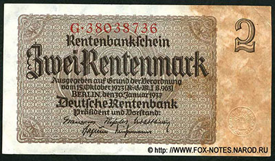 Deutschen Rentenbank. Rentenbankschein. 2 Rentenmark. 1937. 