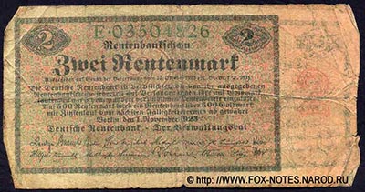 Deutschen Rentenbank. Rentenbankschein. 2 Rentenmark. 1. November 1923.  