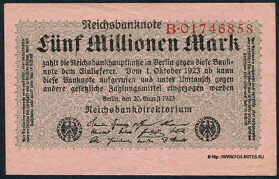 Reichsbank. Reichsbanknote. 5 Millionen Mark. 20. August 1923. 