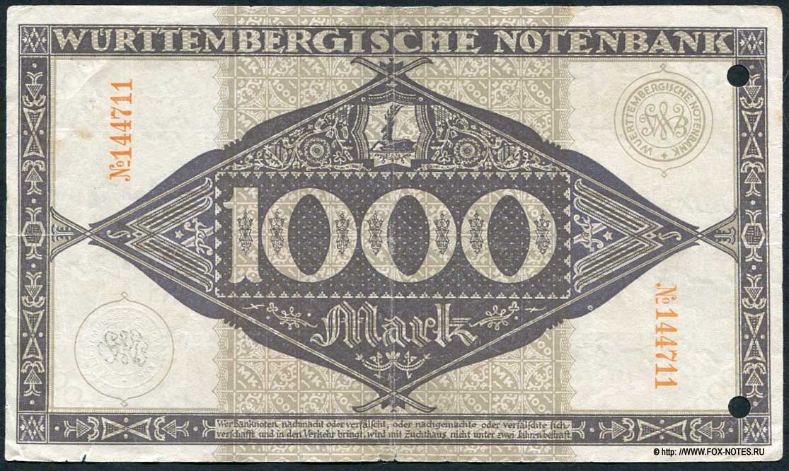 Württembergische Notenbank Banknote. 1000 Mark. 1. September 1922.