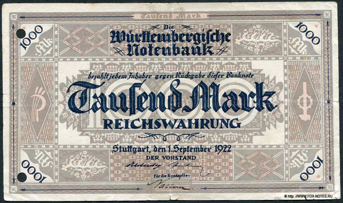 Württembergische Notenbank Banknote. 100 Mark. 1. September 1922.