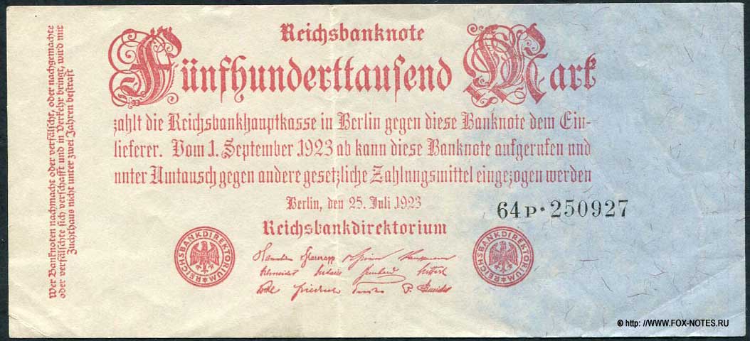 Reichsbank. Reichsbanknote. 500000 Mark. 25. Juli 1923.  J.S. Preuss, Berlin