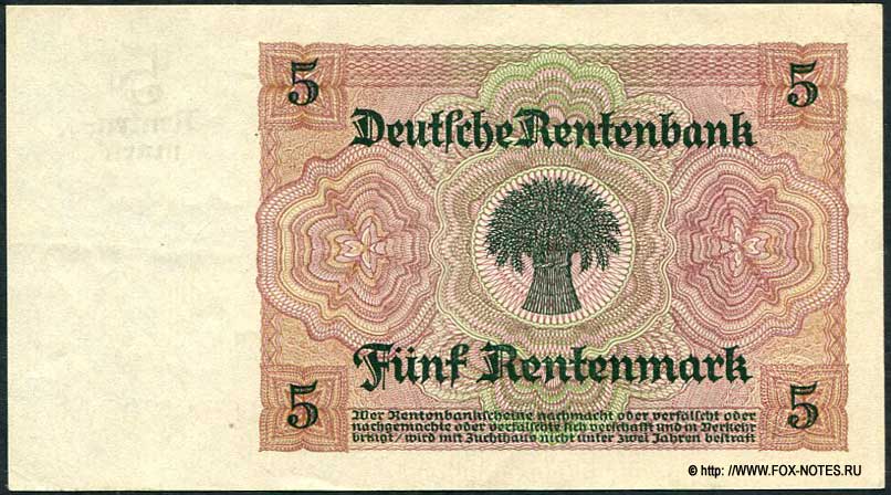Deutschen Rentenbank. Rentenbankschein. 5 Rentenmark. 2. Januar 1926.