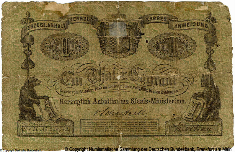 Herzoglich Anhaltisches Staats-Ministerium 1 Thaler Courant 1859