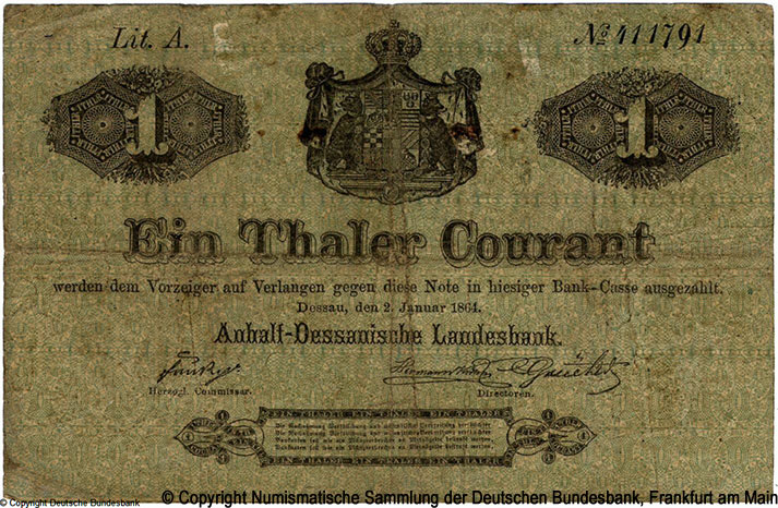 Anhalt-Dessauische Landesbank  1 Thaler 1864