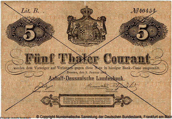 Anhalt-Dessauische Landesbank  5 Thaler 1864