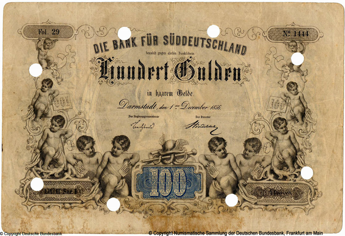 Bank für Süddeutschland Note. 100 Thaler 1856. 