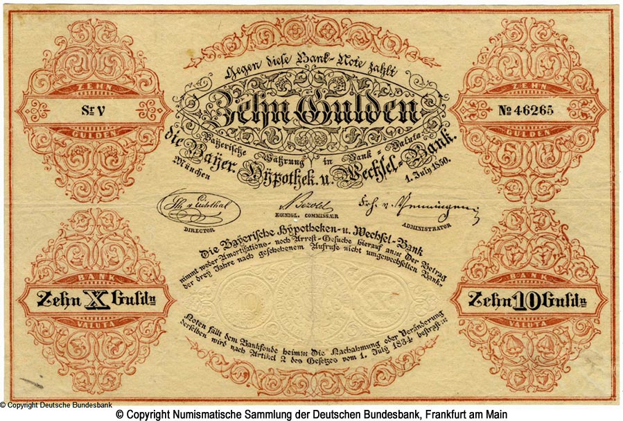 Bayerische Hypotheken- und Wechselbank 10 Gulden 1850