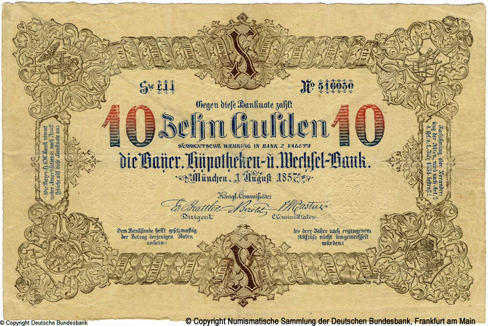 Bayerische Hypotheken- und Wechselbank 10 Gulden 1857