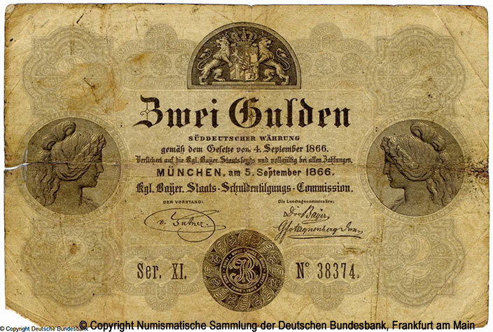 Königlich Bayerische Staatsschulden-Tilgungs-Commission 2 Gulden 1866