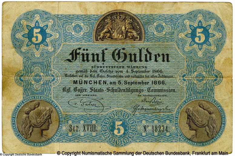 Königlich Bayerische Staatsschulden-Tilgungs-Commission 5 Gulden 1866