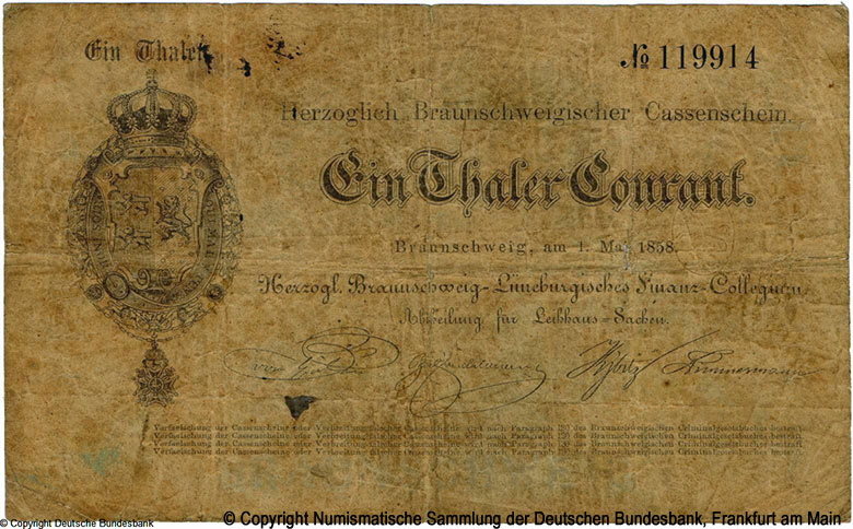 Herzoglich Braunschweigischer Cassenschein. 1 Thaler Courant. 1858.