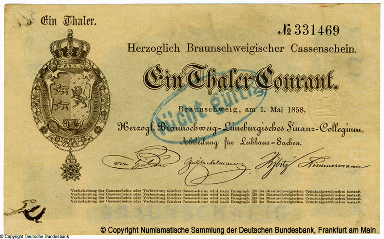 Herzoglich Braunschweigischer Cassenschein. 1 Thaler Courant. 1858.