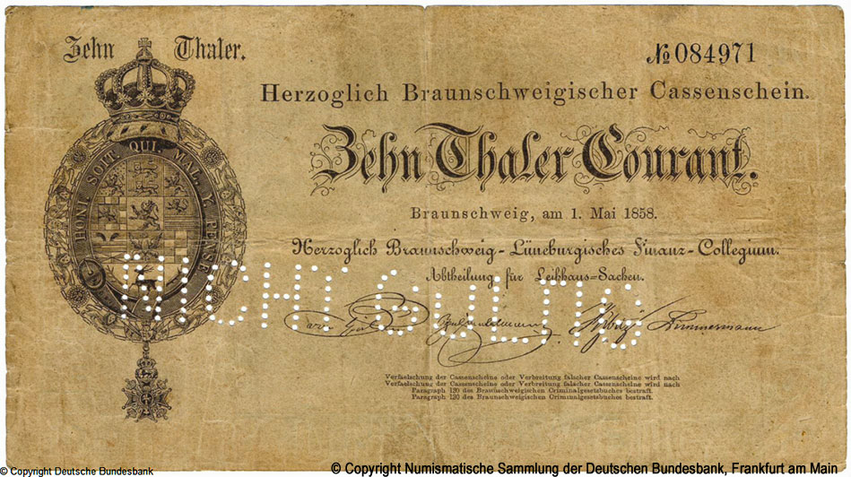 Herzoglich Braunschweigischer Cassenschein. 10 Thaler Courant. 1858.