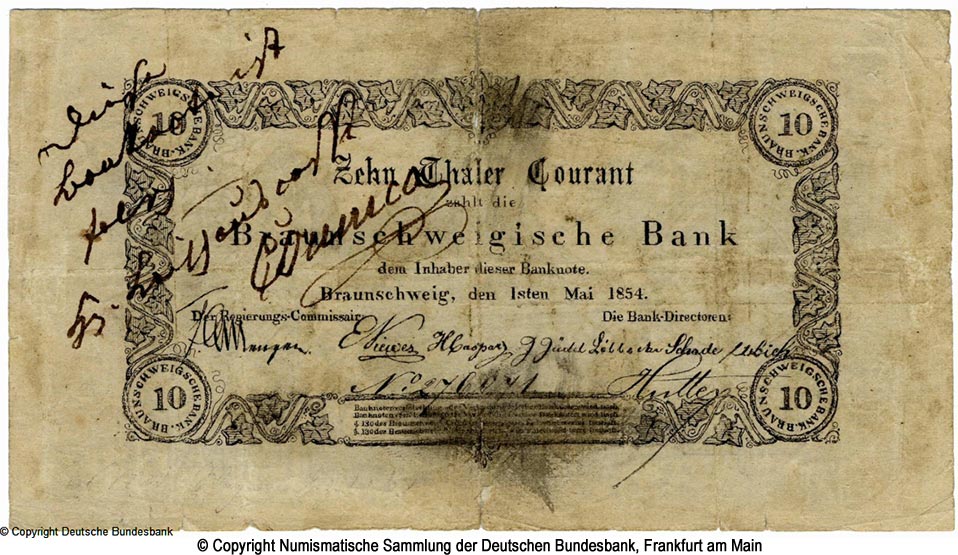 Braunschweigische Bank 10 Thaler 1854 Fälschung