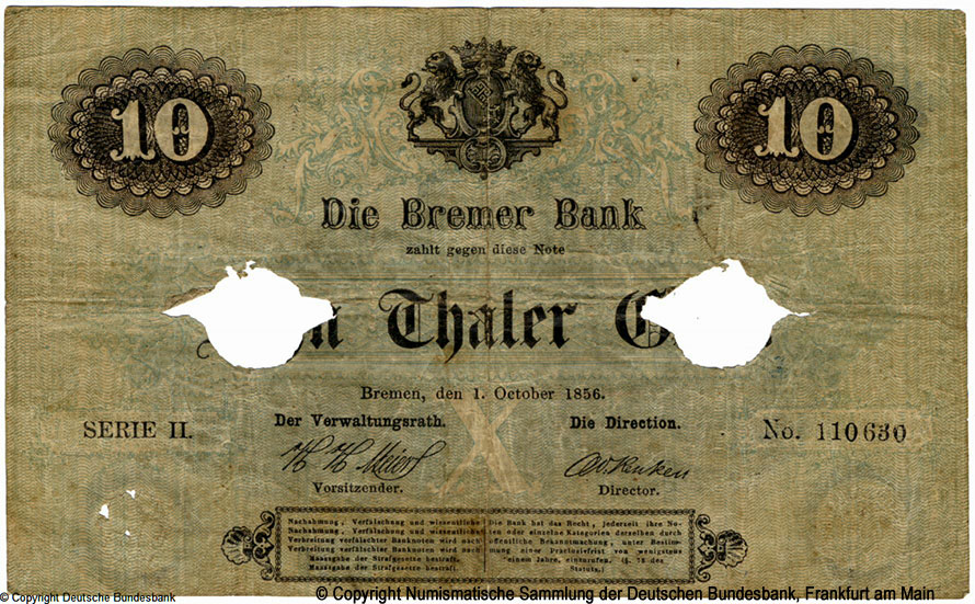 Bremen Bank  Note. 10 Thaler Gold. 1. Oktober 1856. 