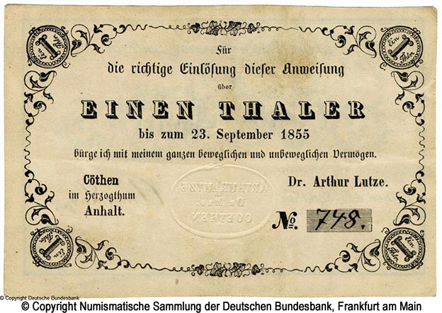 Dr. Arthur Lutze 1 Thaler 1856