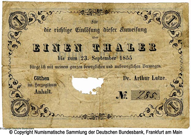Dr. Arthur Lutze 1 Thaler 1856