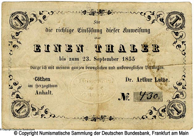 Dr. Arthur Lutze 1 Thaler 1855