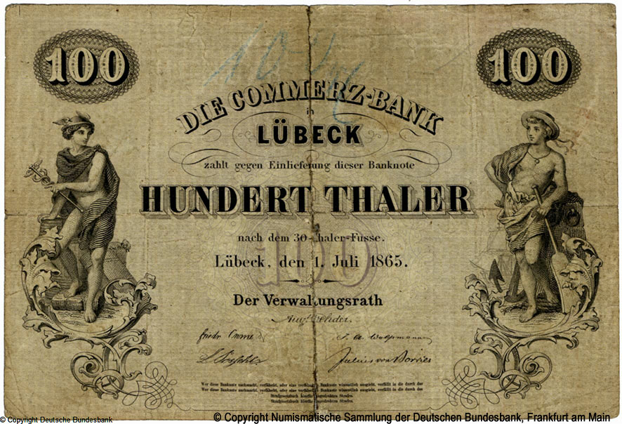 Commerz-Bank in Lübeck 100 Thaler 1865
