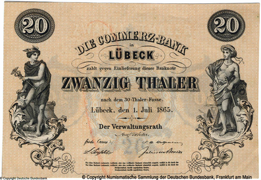 Commerz-Bank in Lübeck 20 Thaler 1865