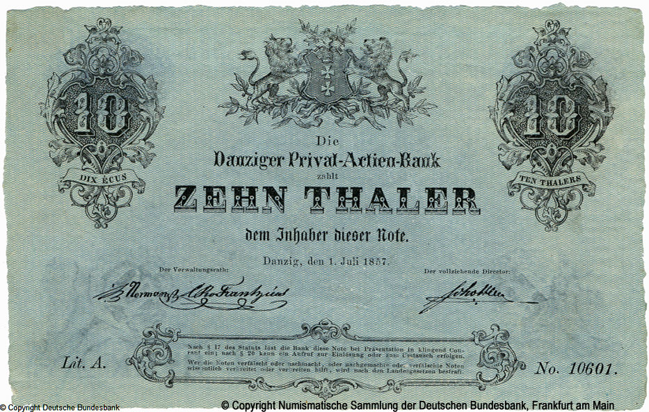 Danziger Privat-Actien Bank 10 Thaler 1857
