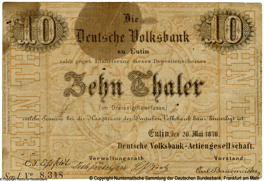 Deutsche Volksbank, Eutin 10 Thaler 1870