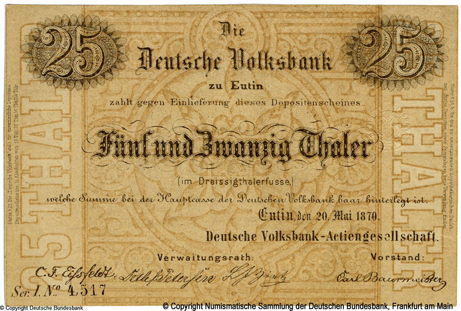 Deutsche Volksbank, Eutin  25 Thaler 1870