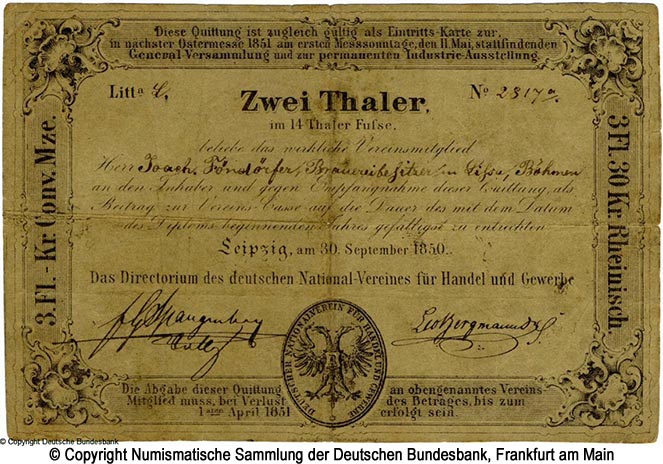 Deutscher Nationalverein für Handel und Gewerbe 2 Thaler 1850