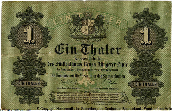  Fürstentum Reuß Jüngerer Linie Kommission für die Verwaltung der Staatsschulden  1 Thaler 1870