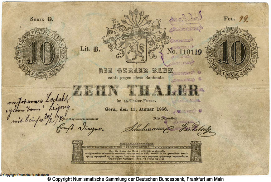 Die Geraer Bank  10 Thaler 1856 