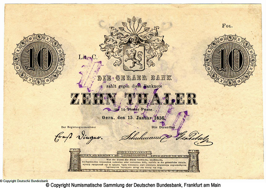 Die Geraer Bank  10 Thaler 1856