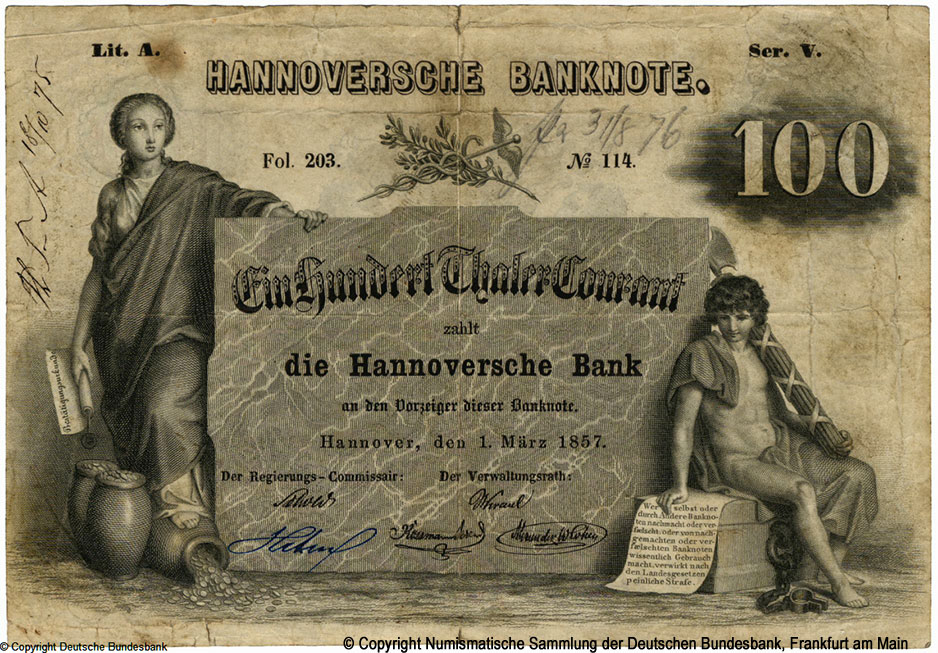 Hannoverische Banknote. 100 Thaler 1. März 1857.