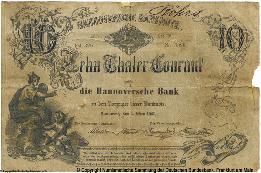 Hannoverische Bank  Hannoverische Banknote. 10 Thaler 1. März 1857.