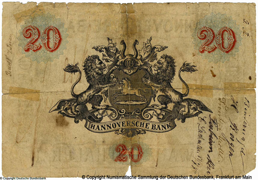 Hannoverische Bank  Hannoverische Banknote. 20 Thaler 1. März 1857. Fälschung