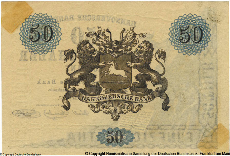 Hannoverische Bank  Hannoverische Banknote. 50 Thaler 1. März 1857.
